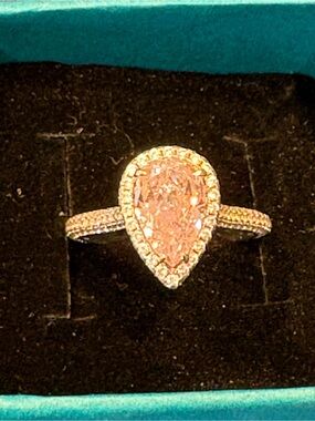 Pear-Shaped Pink Halo Ring in Rose Gold Tone